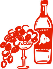 Wine bottle and grape in a whimsical hand-drawn style. Isolated illustration in red color. Alcoholic drink. Winery. Suitable for invitations, posters, banners, menu