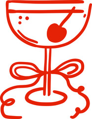 Cocktail with cherry and bow in a whimsical hand-drawn style. Isolated illustration in red color. Alcoholic drink. Suitable for wedding invitations, posters, banners