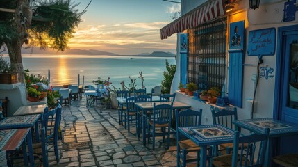 Fototapeta premium Scenic view at the seaside cafe in the town of Sidi Bo