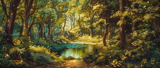 Fantasy landscape of a lush forest, where natures palette unveils vibrant greens and earthy browns in a classic styles color