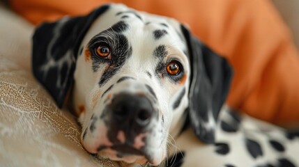   A Dalmatian dog lounges on top of a bed with an orange pillow beside it