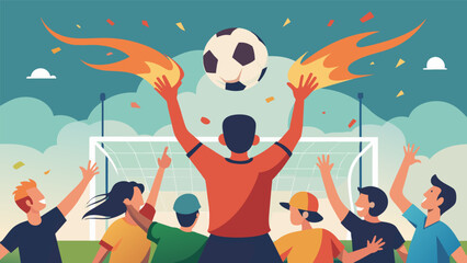 Fans hold their breath as the soccer ball soars towards the goal only to erupt in wild cheers as it hits the back of the net securing an overtime win. Vector illustration