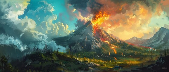 Fantasy landscape of a volcanic eruption, capturing the dynamic and powerful essence of nature in classic styles color