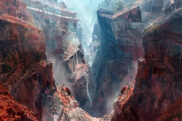 Fantasy scenes of a dramatic canyon, enveloped in cyber color, presenting a stark contrast that...