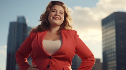 A confident Caucasian woman in a red suit stands in an urban setting, smiling.