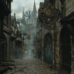 A fantasy steampunk city street with clocks, gears, and gothic architecture on a foggy day