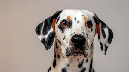   A Dalmatian dog's close-up face with white and brown spots