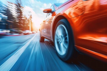 Dynamic image of a speeding red car on an urban road with motion blur.