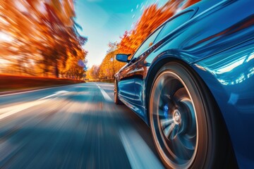 Dynamic image of a speeding blue car on an urban road with motion blur.