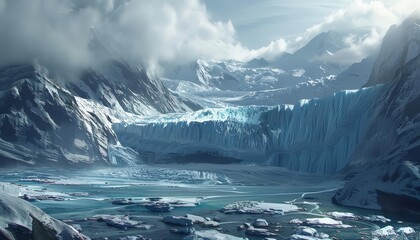 Futuristic landscape view of a sprawling glacier, depicted in futuristic styles to underscore its majestic and timeless allure