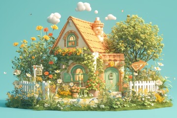 adorable little cottage surrounded by flowers and garden