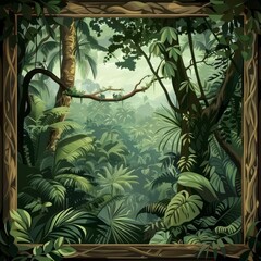 Mystery landscape of a dense jungle, weaving through the wild undergrowth in solid color, framed as an illustration template