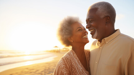 Summer portrait of happy smiling mature black American couple standing together on sunny coast