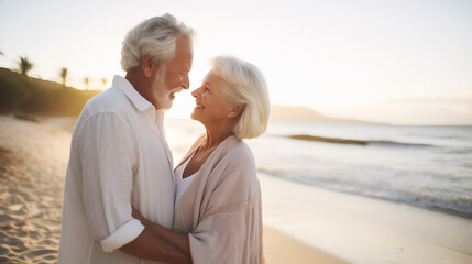 Summer portrait happy smiling senior couple together on sunny coast, enjoying beach vacation at sea