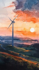 A watercolor painting of a windmill at sunset