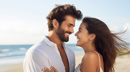 Summer portrait happy smiling couple together on sunny coast, enjoying beach vacation at sea