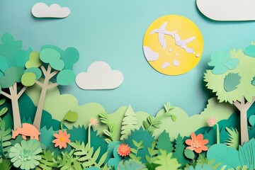 Fototapeta premium Paper art style of a serene garden scene on Earth Day, designed to promote environmental awareness, in retro color, banner sharpen with copy space