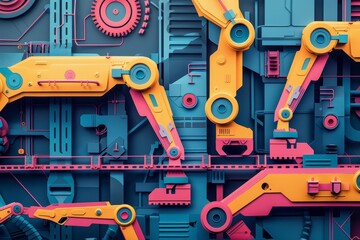 Paper cut design of a robotic assembly line, showcasing the synergy between technology and creativity, in cyberpunk 80s color, illustration template