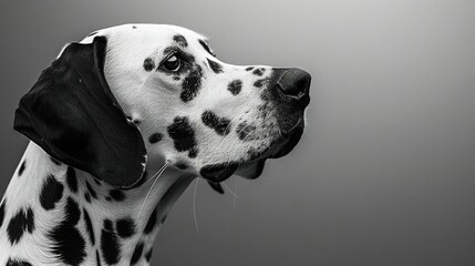   Close-up of Dalmatian dog with black and white facial spot on gray background