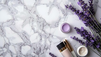 Elegant flat lay with lavender flowers and cosmetics on marble background. Concept Flat Lay...