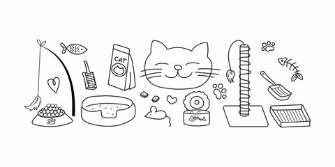 Food, products for cats. Pet linear icons. Products for the care and feeding of kittens, toys for animals. Drawings, doodles. Goods pet promotion concept.