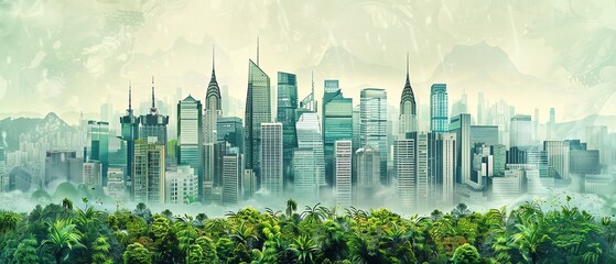 Obraz premium A beautiful painting of a city. The city is surrounded by a lush jungle. The painting is done in a realistic style.