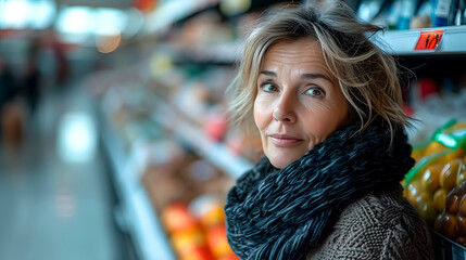 Middle-aged woman in the supermarket. - obrazy, fototapety, plakaty