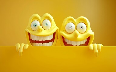 Two yellow monsters hold a blank card in front of them. They have toothy smiles on their faces. Can be used for advertising, marketing, promotion or presentation. - obrazy, fototapety, plakaty