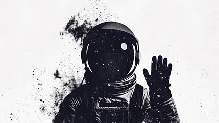 An astronaut in a spacesuit waves to the camera as if inviting you to join him on a space adventure. The picture is in black and white. Illustration for cover, card, postcard, interior design or print - obrazy, fototapety, plakaty