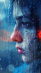 A beautiful and sad woman with blue hair looks out the window, raindrops falling down the window pane. - obrazy, fototapety, plakaty