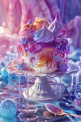 A beautiful, detailed image of a purple frosted cake with white icing and topped with pink and purple meringue frosting - obrazy, fototapety, plakaty