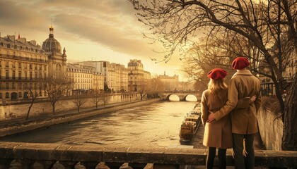 Obraz premium A couple in love, wearing red berets and beige coats, standing on a bridge over the Seine river at sunset