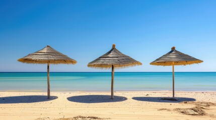 Photo of three straw beach umbrellas on the beach on Demand