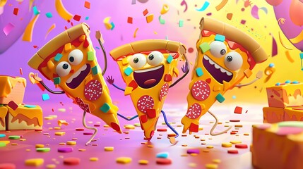 Three slices of pizza are having a party. They are dancing and jumping around. There is confetti falling from the top of the image. The pizza slices are all smiling and look happy. - obrazy, fototapety, plakaty