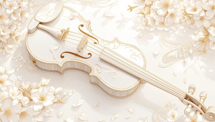 white violin with music notes and wave shapes in a white background. Musical elements in the background - obrazy, fototapety, plakaty