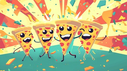 Four slices of pizza dancing happily with bright and colorful background. - obrazy, fototapety, plakaty