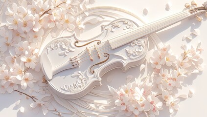 white violin with music notes and wave shapes in a white background. Musical elements in the background - obrazy, fototapety, plakaty