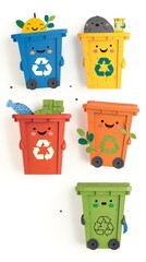 Colorful and cute illustration of 5 different recycling bins. The bins are blue, yellow, red, green, and orange. They are all smiling and have the recycling symbol on them. - obrazy, fototapety, plakaty