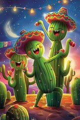 A group of cacti are having a party in the desert. They are wearing sombreros and dancing. There are colorful lights and a moon in the background. - obrazy, fototapety, plakaty