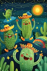 A group of happy and colorful cacti are dancing and having a party under the starry night sky. - obrazy, fototapety, plakaty