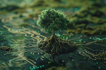 A circuit board with a tree growing out of it - obrazy, fototapety, plakaty