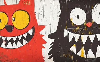 Two cartoon monsters with big eyes and big smiles full of teeth. Imitation of a painted picture. Illustration for banner, poster, cover, brochure or presentation. - obrazy, fototapety, plakaty