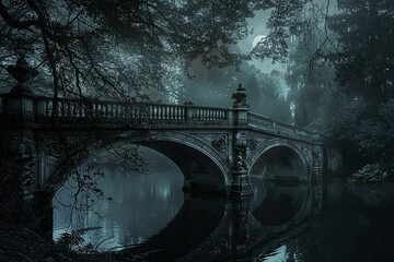 Soft moonlight casting shadows on an ornate, arched bridge silhouette.