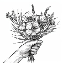I give you a bunch of flowers! The hand holds a bouquet of wildflowers. Floral abstract background. Imitation sketch print in black and white coloring. Design for card. - obrazy, fototapety, plakaty