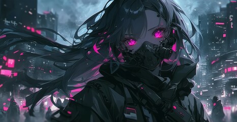 A beautiful anime girl with long black hair and glowing purple eyes wearing an oversized dark jacket. She is in the middle of a city at night time, her mask covering half her face