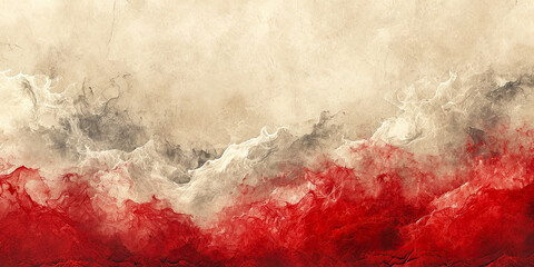 Marbled fusion of cherry red and ivory hues on a textured canvas - obrazy, fototapety, plakaty
