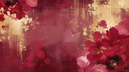   A vibrant painting of numerous flowers set against a backdrop of rich reds and golds provides ample space for text or additional imagery