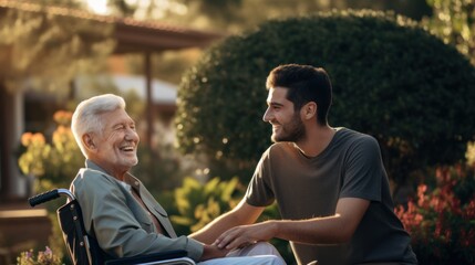 An elderly Caucasian man in a wheelchair enjoys a conversation with a young Caucasian male caregiver in a sunny garden.