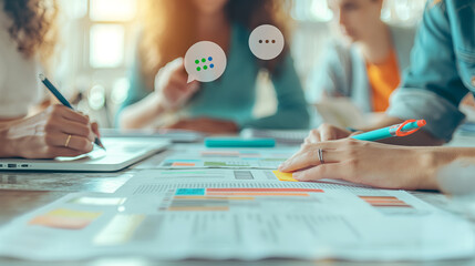 Creative Team Brainstorming Session with Bright Colorful Paperwork on Desk