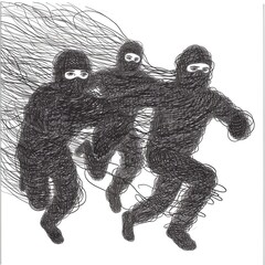Three male silhouettes running forward. The image is black and white. Illustration for varied design..